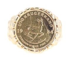 Estate 1984 1/10 oz Krugerrand Coin in 14KT Yellow Gold Retro-Style Nugget Ring