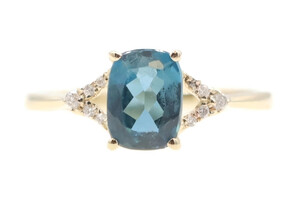 1.20 ctw London Blue Cushion Cut Topaz Ring & Round Diamond 10K Yellow Gold Ring