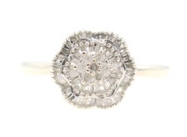 10KT White Gold 0.58 ctw Round & Baguette Cut Diamond Double Halo Flower Ring 