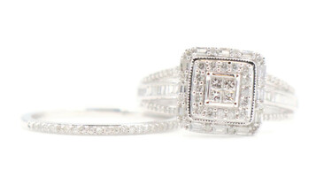 0.95 ctw Princess Round & Baguette Diamond Double Halo 10K Gold Wedding Ring Set