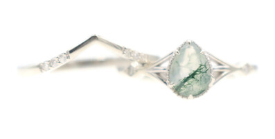 V-Style Pear Cut Moss Agate & Round Moissainte 14KT White Gold Wedding Ring Set