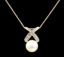 10KT Yellow Gold White Culture Pearl & 0.21 ctw Round Diamond 16" Necklace AVI