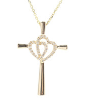 1/8 cttw Round Diamond Interlocking Hearts Cross Pendant 18" Necklace 10KT Gold