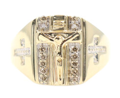 Men's 10KT Yellow Gold Crucifix Cross 0.22 ctw Round Champagne Diamond Ring 7g