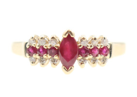 Estate 0.35 ctw Marquise & Round Ruby & Round Diamond 14KT Yellow Gold Ring 2.3g