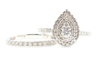 1.20 ctw Round Diamond Double Halo Pear Cluster 10KT White Gold Wedding Ring Set