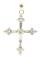 1.4" 14KT Yellow Gold High Shine Round & Baguette Cut CZ Cross Necklace Pendant 