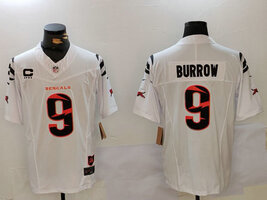 Men's Cincinnati Bengals 9 Joe Burrow White with patch F.U.S.E. Vapor Untouchabl