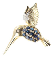 1.14 ctw Blue Sapphire & Diamond 14KT Yellow Gold Hummingbird Brooch Pendant 