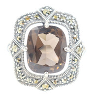 Vintage-Style Sterling Silver (925) Brown Smoky Quartz & Marcasite Cocktail Ring