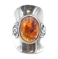 PZ ISREAL .925 Sterling Silver Oval Cut Cabochon Amber Estate Full Finger Ring 