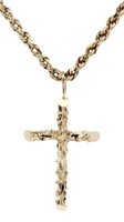 Retro-Style 14KT Yellow Gold Nugget Cross Pendant on 10KT Rope Chain 24.5" BBB