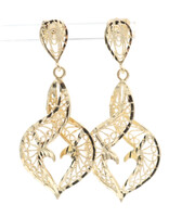 Women's Diamond Cut 14KT Yellow Gold Filigree Heart 1.6" Dangle Earrings - 3.7g