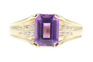 Women's 14KT Yellow Gold 1.20 Ct Emerald Cut Amethyst & 2-Row Round Diamond Ring