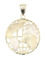 Satin Finish 10KT Two-Tone Gold Diamond-Cut World Globe Necklace Pendant 1.5"