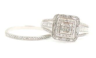 0.60 ctw Princess Round & Baguette Diamond Double Halo 10K Gold Wedding Ring Set