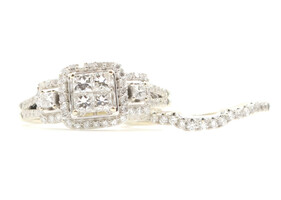 1.34 ctw Princess & Round Diamond Halo 14KT White Gold Wedding Ring Set 6.3g