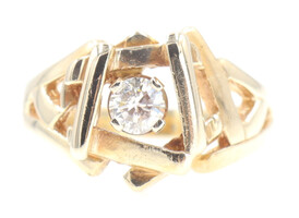 Solitaire 0.46 Ct Round Diamond 10KT Yellow Gold Geometric Statement Ring 9.8g