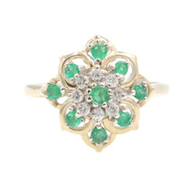 0.22 Ctw Round Natural Emerald & Diamond 14KT Yellow Gold Floral Cluster Ring