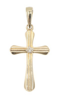 Solitaire 0.02 Ct Round Diamond 14KT Yellow Gold Ribbed Cross Pendant 1.4" 1.26g