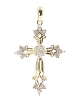 Estate 10KT Yellow Gold 0.20 ctw Round Diamond 1.4" Women's Cross Pendant 2.3g