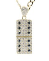 Black & White Round CZ Domino Graphic Pendant on 24.5" Curb 10KT Gold Necklace