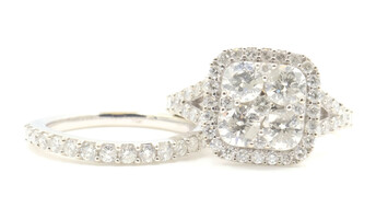 2.95 cttw Round Diamond Cluster Square Halo 14KT White Gold Wedding Ring Set 