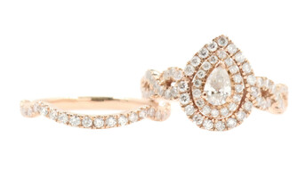14KT Rose Gold 1.54 ctw Pear & Round Cut Diamond Double Halo Wedding Ring Set