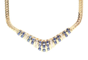 V-Style Estate Natural Sapphire & Diamond 14KT Gold Flat Wheat Chain Necklace