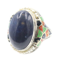 11.20 ctw Lapis Lazuli Green Black & Orange Enamel Seed Pearl 10KT Gold Ring 