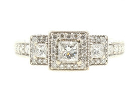1.20 ctw Princess & Round Diamond Trinity 14KT White Gold Filigree Halo Ring 5g