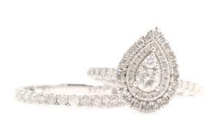 1.20 ctw Round Diamond Double Halo Tear Drop 10KT White Gold Wedding Ring Set. B