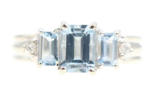 3-Stone 1.28 Ctw Emerald Cut Aquamarine & Round Diamond 10KT White Gold Ring 4g