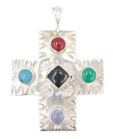 Sterling Silver (925) Assorted Gemstone Navajo Style Cross Necklace Pendant 2.1"