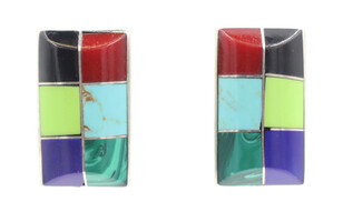 Women's Sterling Silver 925 Assorted Gemstone Rectangle Mosaic Stud Earrings 