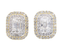 1.90 Ctw Baguette & Round Diamond Cluster 10KT Gold Double Halo Stud Earrings