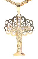 Filigree 10KT Yellow Gold Round CZ Crucifix Tree Pendant on 10KT Rope Chain 20"