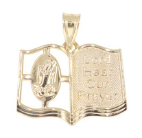 "Lord Hear Our Prayer" 14KT Yellow Gold Open Bible Necklace Pendant 0.9" - 1.73g
