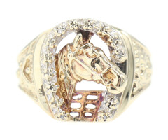 Estate 10KT Yellow Gold & Diamond Chips Horse Head / Horseshoe Ring by SPL 4.6g