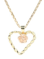 Women's 14KT Two-Tone Gold Rope Heart Rose Pendant on 14KT Box Chain 27" - 5.7g