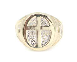 Men's 10KT Yellow Gold 0.08 ctw Round Diamond Cross Christian Signet Ring 5.9g