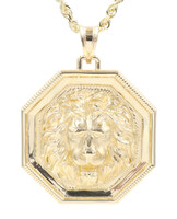 Octagonal 10KT Yellow Gold Lion's Head Pendant on 10KT Rope Chain 20" - 12.43g