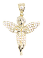 High Shine 10KT Yellow Gold Round CZ Iced Angel Necklace Pendant 1.9" - 4.13g