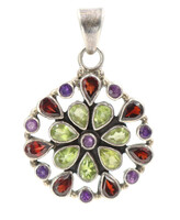 925 Sterling Silver Natural Multi-Cut Gemstone Flower Cluster Pendant by SJ 11g