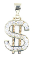 Iced 10KT Yellow Gold Channel-Set CZ Money/Dollar Sign Necklace Pendant 1.5"