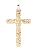 Jabel 1.7" Pink and Green Gold Carved Cross with Sculpted Roses and Leaves 6.2g