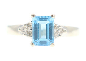 Women's 1.30 Ct Emerald Cut Blue Topaz & Round Diamond 14KT White Gold Ring 2.9g