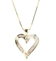 1/3 TW Round & Baguette Cut Diamond Heart Pendant on 16" Gold Box Chain Necklace