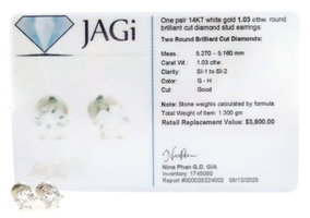 JAGi 1.03 Ctw Round Brilliant Diamond 14KT White Gold Solitaire Stud Earrings