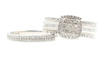 3/4 cttw Princess Round & Baguette Halo 10KT White Gold Women's Wedding Ring Set